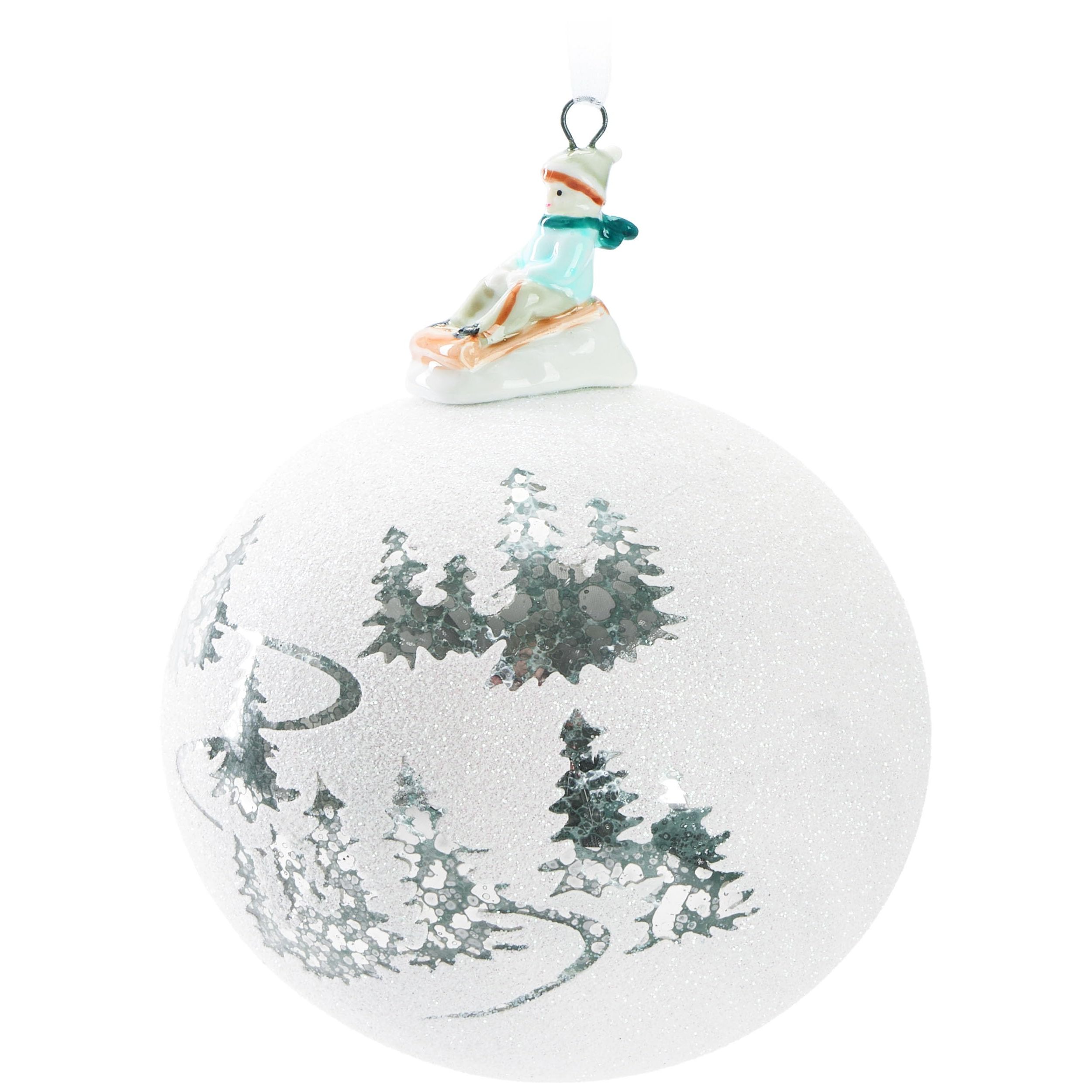 Image of Brubaker Premium Christmas Ball - Pine Tree Snow Landscape With Sled Porcelain Figure - Turquoise Shimmering White - 10 Cm Ball - Handmade - Christmas Tree Ball