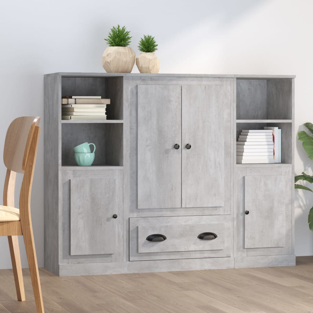Image of Vidaxl 3pcs., Sideboard With Of Storage Space, Cabinet Buffet Cabinet, Dresser Cabinet For Living Room, Modern, Concrete Gray Wood