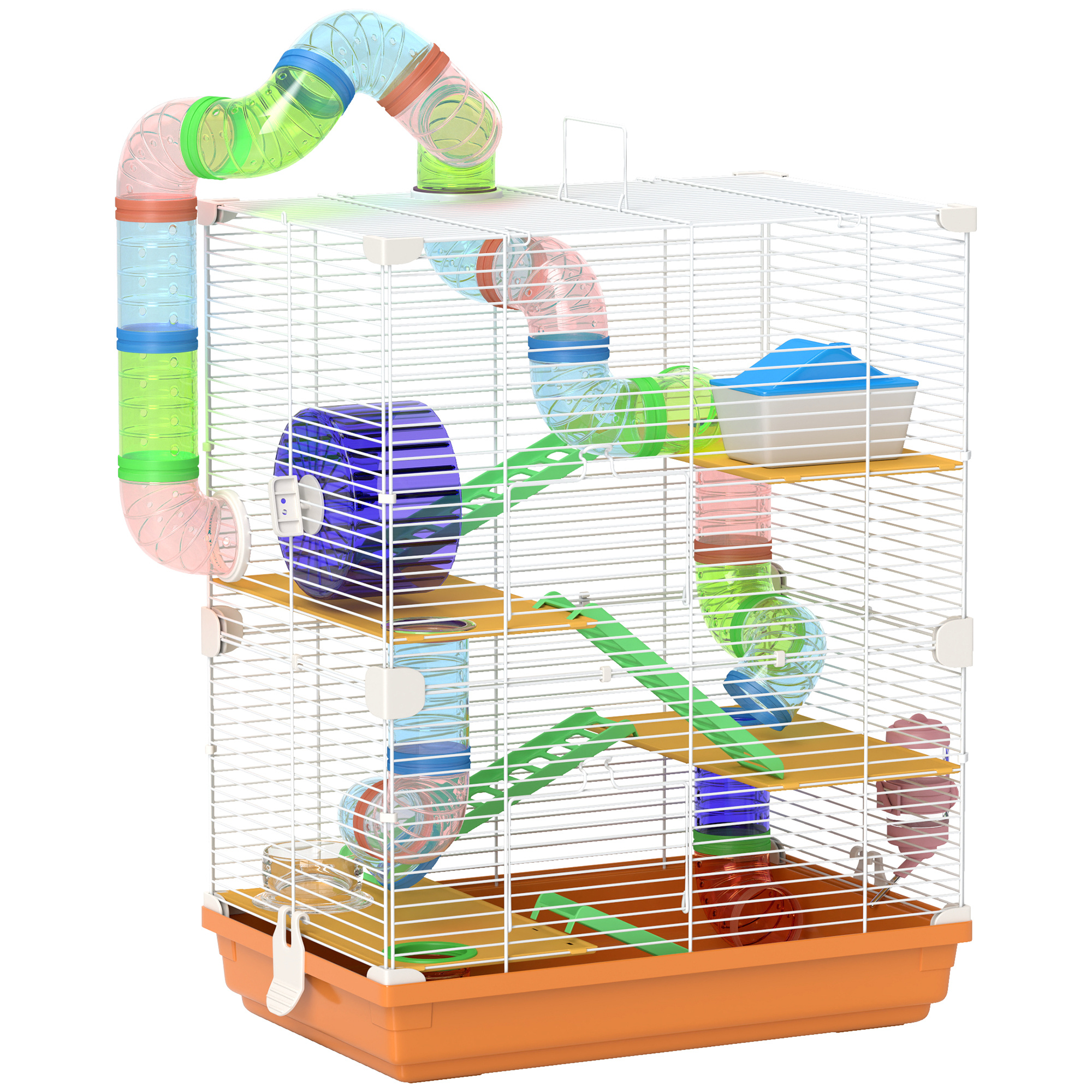 Pawhut Hamster Cage Small Animal House With Tunnel, Platforms, Bowl, Waterer, House, Ramps And Exercise Wheel 46x30x58cm