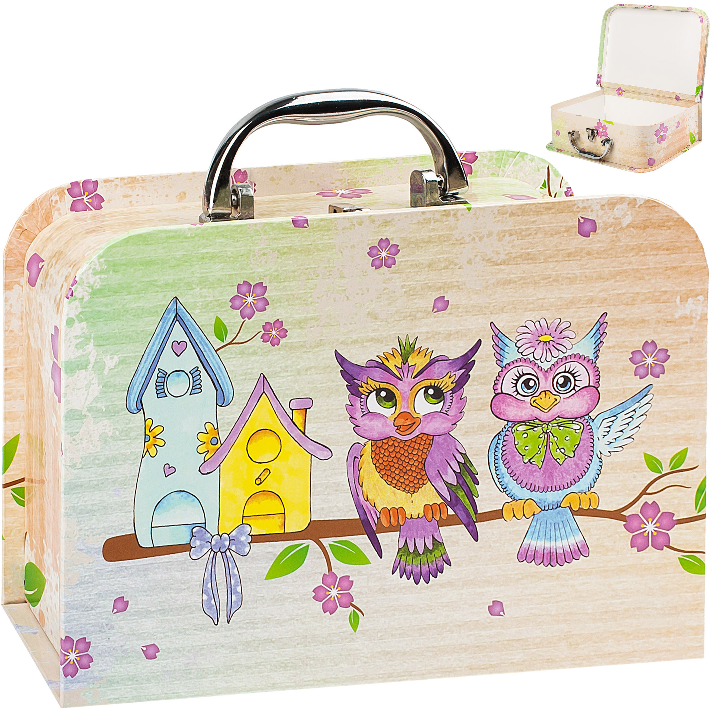 Image of Suitcase / Kids' Suitcase - Medium - Funny On A Branch - 23 Cm - Cardboard Suitcase - Doll Suitcase - Children - Cardboard - Owl Birds Flowers Blossoms / Animals - Vo..