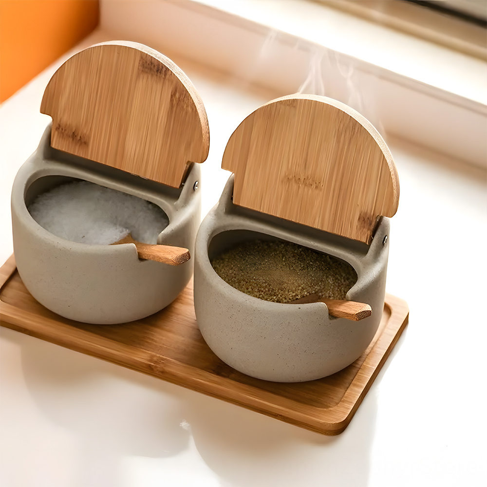 TEMU Ceramic Spice Jar Set With Bamboo Wood Lids - 2pcs Set With Tray And Spoons, Salt Holder, Kitchen Storage For Salt, Sugar, And Seasonings, Beige