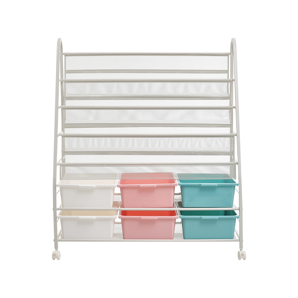 6-Tier Mobile Bookshelf with Wheels and 6 Storage Boxes