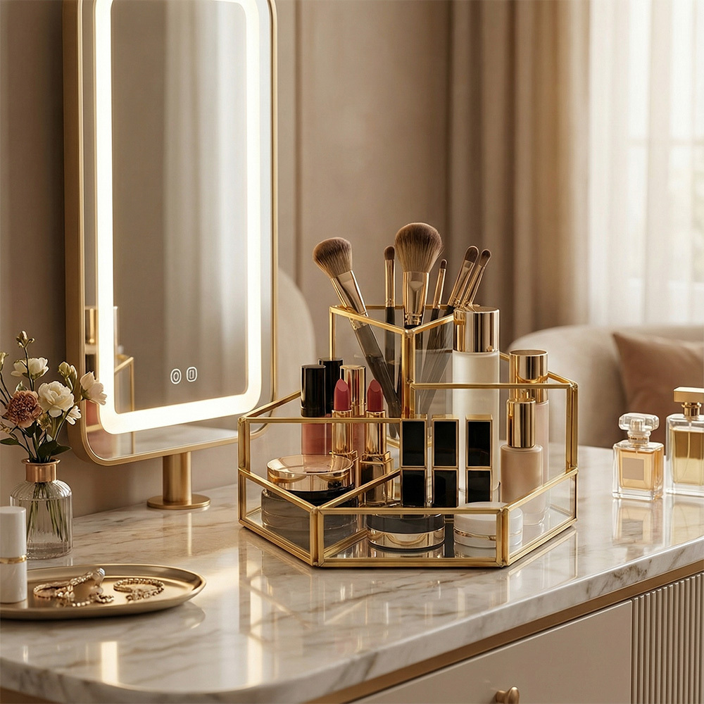 5-Compartment Vintage Style Brush Organizer with Mirror Base
