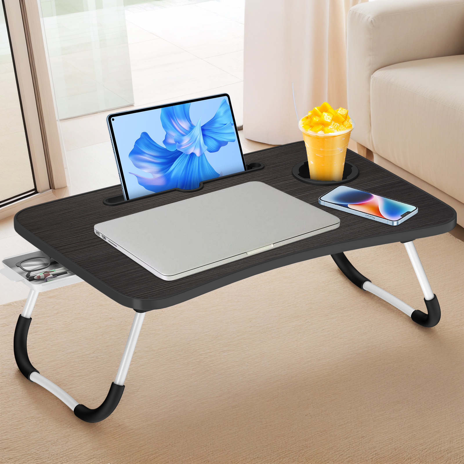 Image of Lingsen Laptop Desk Laptop Table In Bed, 60x40x28 Cm Adjustable Laptop Table With Folding Legs And Cup Holder, Tablet Table, Multifunctional Folding Table For Bed, Sofa And Floor