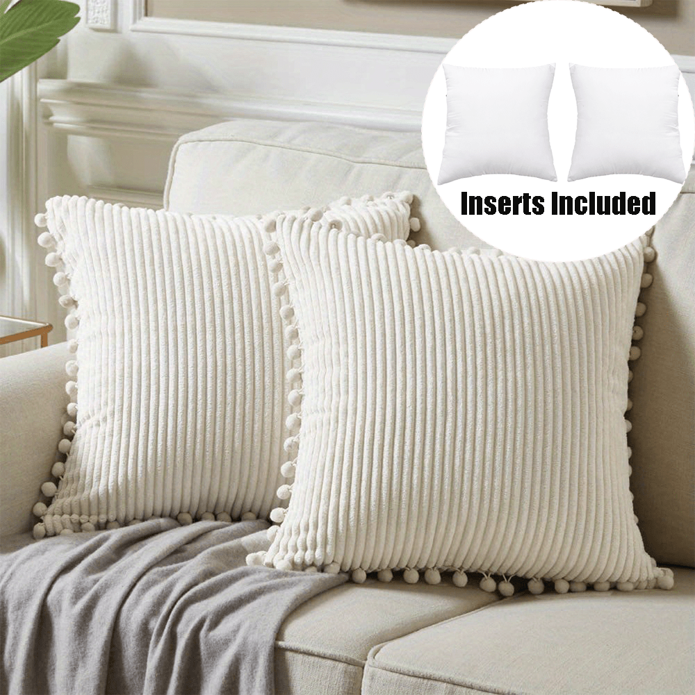 TEMU 2-pack Decorative Throw & Cover Combination Set, 18x18 Inch Pillow Inserts With Pom Poms Decor, Boho Farmhouse Home Decor, Soft Corduroy Accent