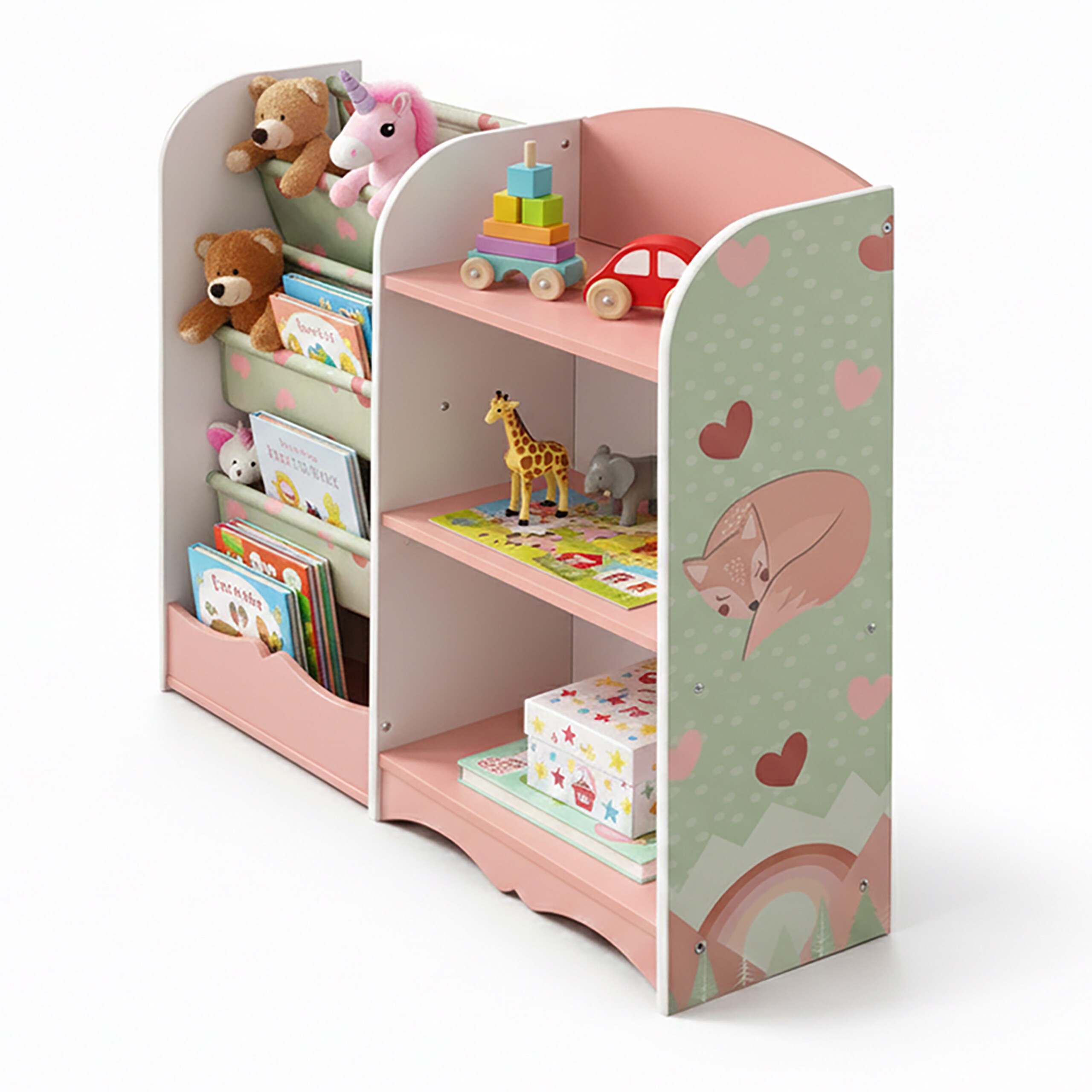TEMU Estantería infantil motivo zorro, 80 x 82 x , 4 compartimentos abiertos y 3 bolsillos colgantes, MDF, madera de pino y tejido no tejido, , para