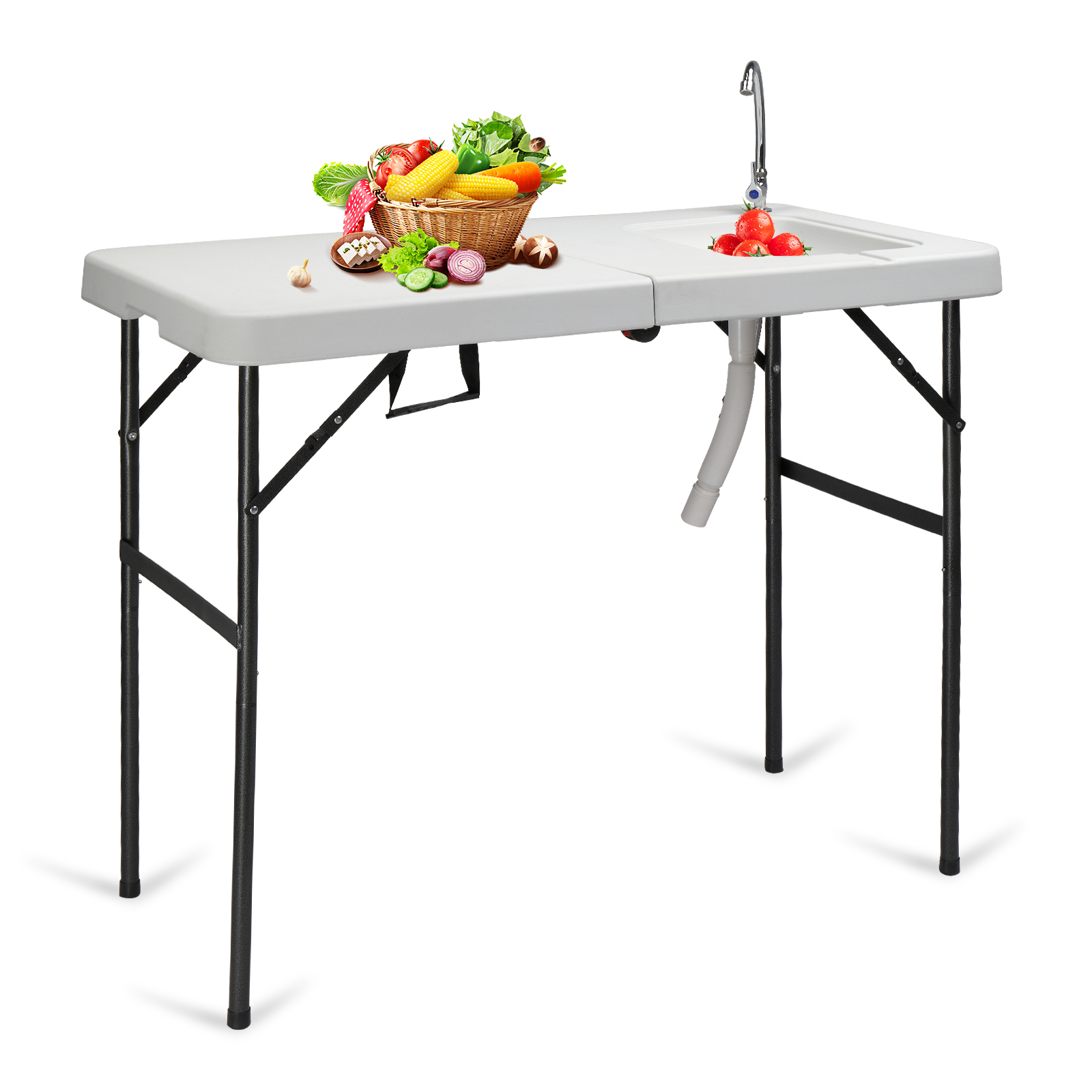Image of Folding Fish Cleaning Table With Sink - Portable Camping Table Made Of Hdpe With Water Tap, Drain Hose, Filleting Table For Picnics, Camping, Grilling & Fishing, 114.5 X 58.5 X 94 Cm, White