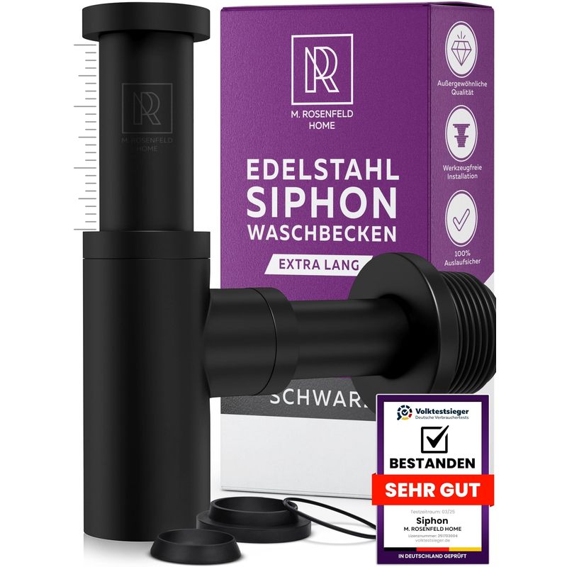 Image of Design Siphon Washbasin Black Matte 1 1/4 Inch – Stainless Steel Washbasin Siphon With Extra Long Tube 130-230 Mm, Drain Pipe 330 Mm & Cleaning Opening, Modern Odor Trap – M. Rosenfeld Home