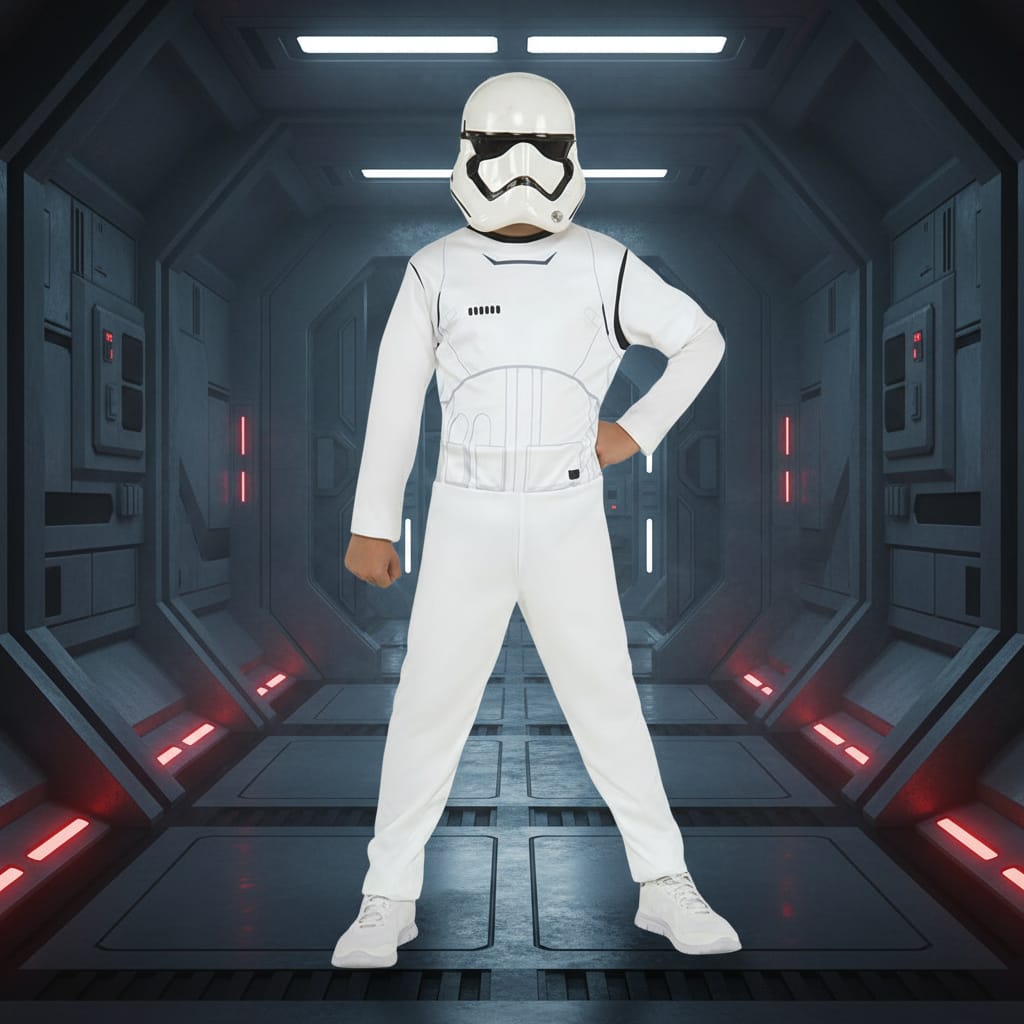 Image of Mini Stormtrooper Star Wars Costume For Party, White Futuristic Suit With Helmet And Black Details, Ideal For Carnival And Themed Events