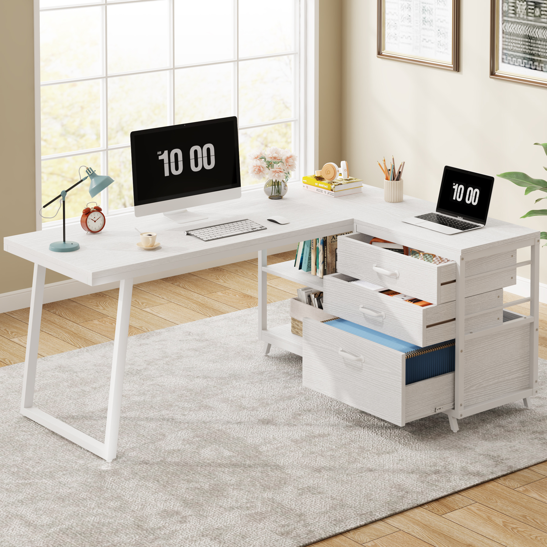134cm L-shaped Desk With 3 Drawers, Reversible Corner Workstation With Shelves, Industrial Home Office Table.