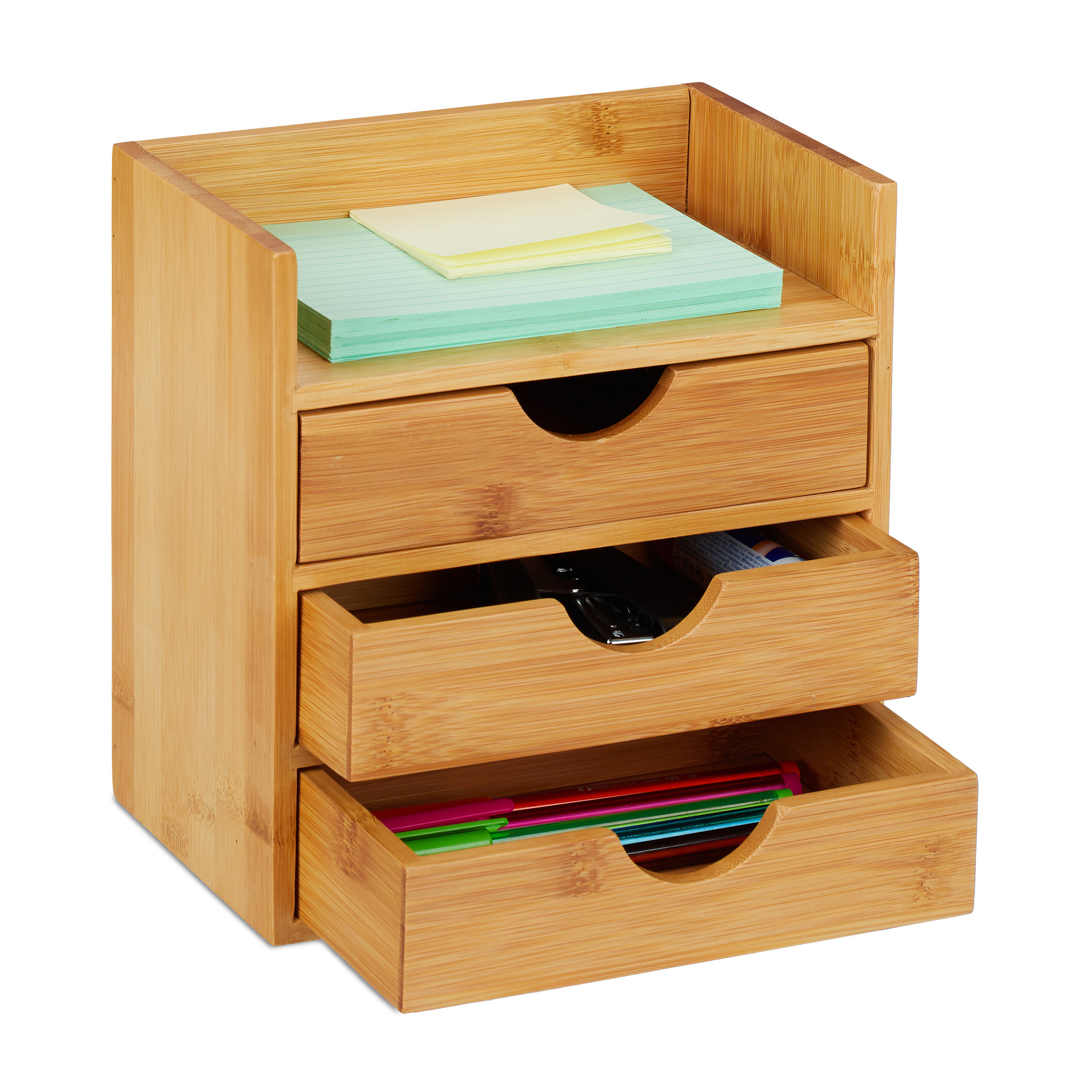 Image of Bamboo Desk Organizer With 3 Drawers, 21 X 20 X 13 Cm, Open Top Compartment, Natural, For Office, Study Room, And Teen Room, Drawer Box, Pen Holder, Relaxdays