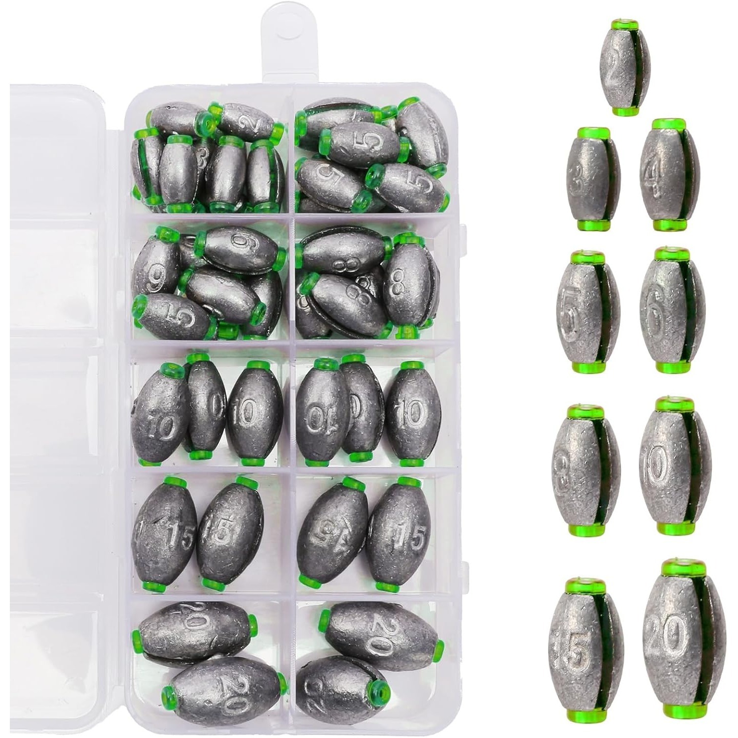 64-piece Fishing Sinker Lead Set With Storage Box: 2g, 3g, 4g, 5g, 6g, 8g, 10g, 15g, 20g - Party Accessory Kit