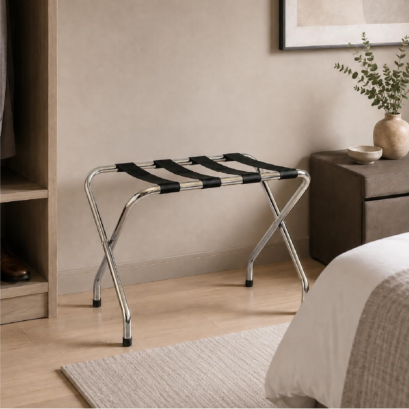 TEMU IlGruppone Portavaligie Pieghevole in Acciaio Cromato, Reggivaligia con 4 Cinghie Resistenti, Portata 50 kg, Salvaspazio per Camera da Letto,