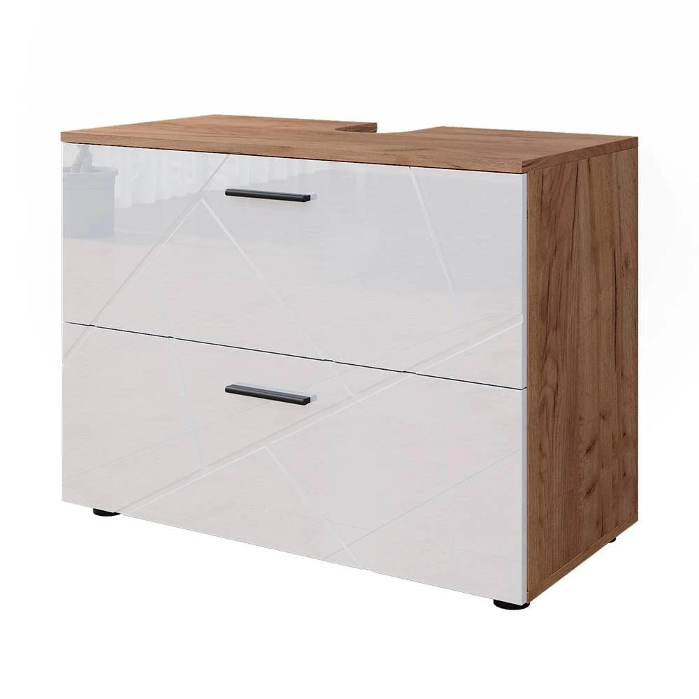 Image of Irma White High-gloss/gold Oak 80 X 58.6 Cm Bathroom Vanity Unit For Washbasin Bathroom Furniture For Washbasin Bathroom Cabinet, 16 Mm Spanplatte Bathroom