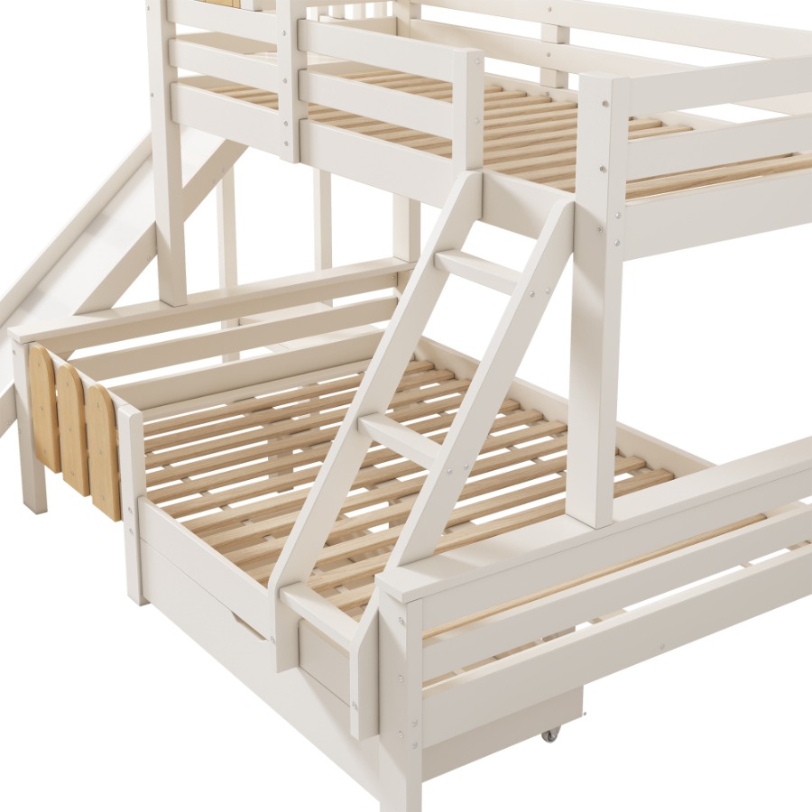 Bunk Beds for Kids, Wooden Cabin Bed with Ladder and Slide, Multi-functional Tree-house Bed, Children's House Bed, Twin Sleeper (90+135) x 190 cm, Solid Wood, White
