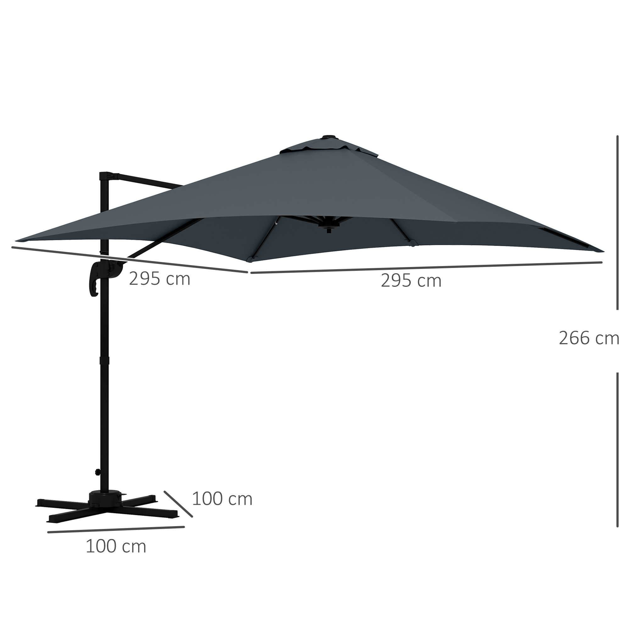 Outsunny Offset Square Tilting 360° Rotating Parasol with Crank Handle - Aluminium 3L X 3L X 2.6H M Dark Grey