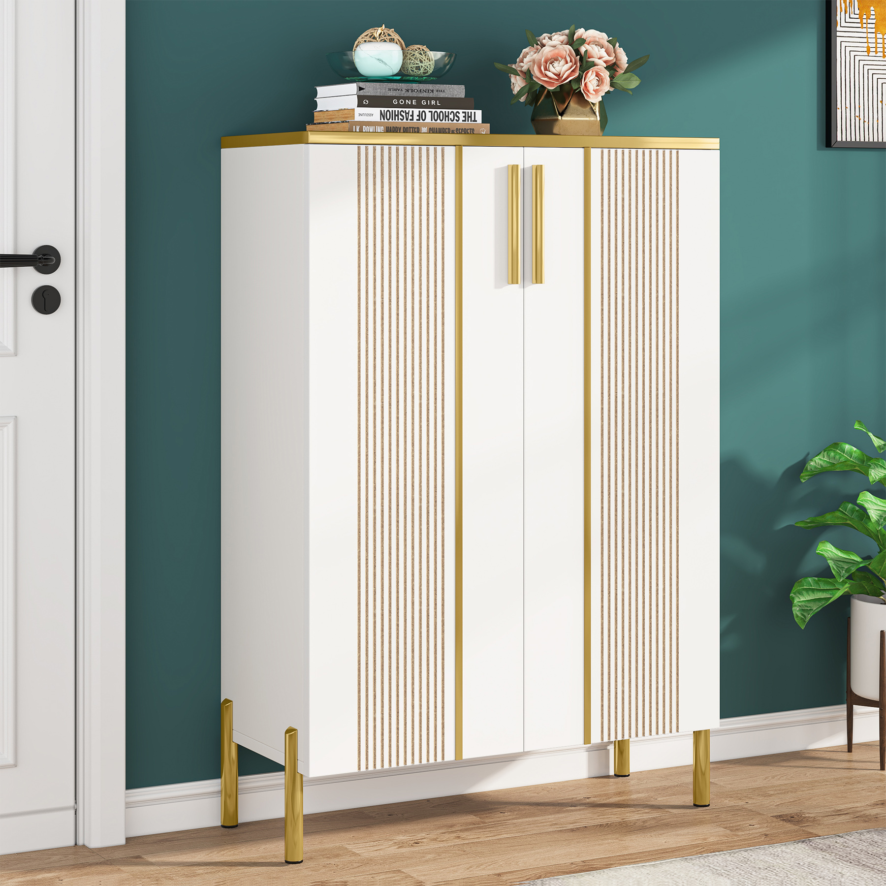 Image of 6 Tier Shoe Cabinet With Doors, Adjustable Shoe Storage Organizer For Entryway Hallway Closet Living Room In White And Gold.