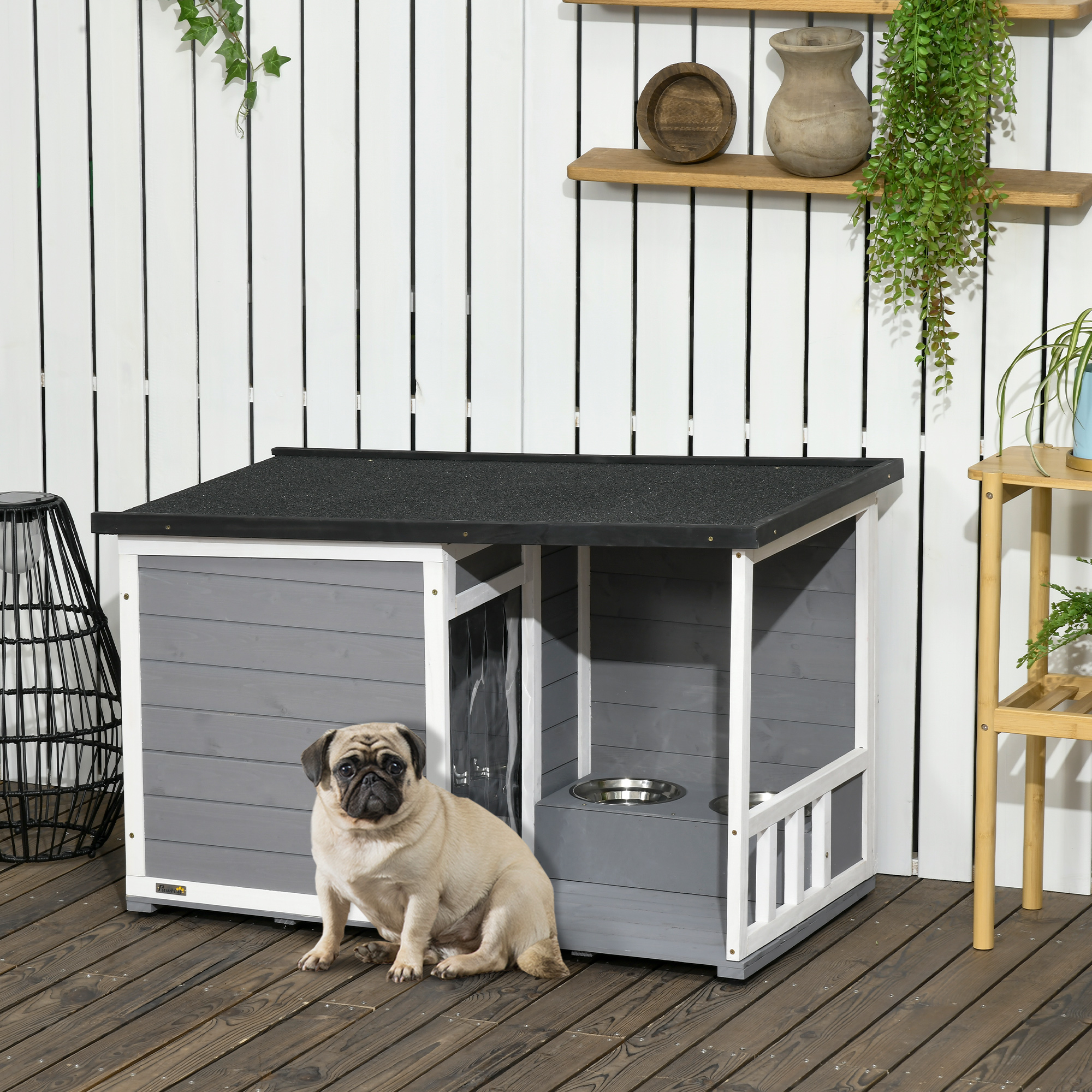 Pawhut Wooden Dog House, Dog House With 2 Bowls, , Outdoor Dog House Small For Small Dogs With Asphalt Roof, For Outdoors, Weather Resistant, Grey, 103 X 62 X 60-66 Cm