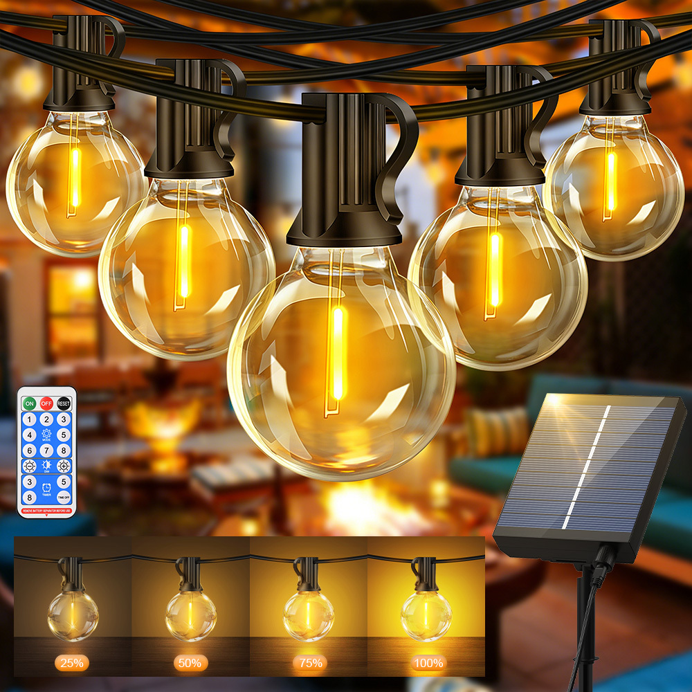 E-shop 30,49M/20,13M/15,25M G40 Solar-Lichterkette Warmweiß, Outdoor LED-Kugelleuchten bruchsicher für Terrasse mit 8 , Fernbedienung, dimmbar,