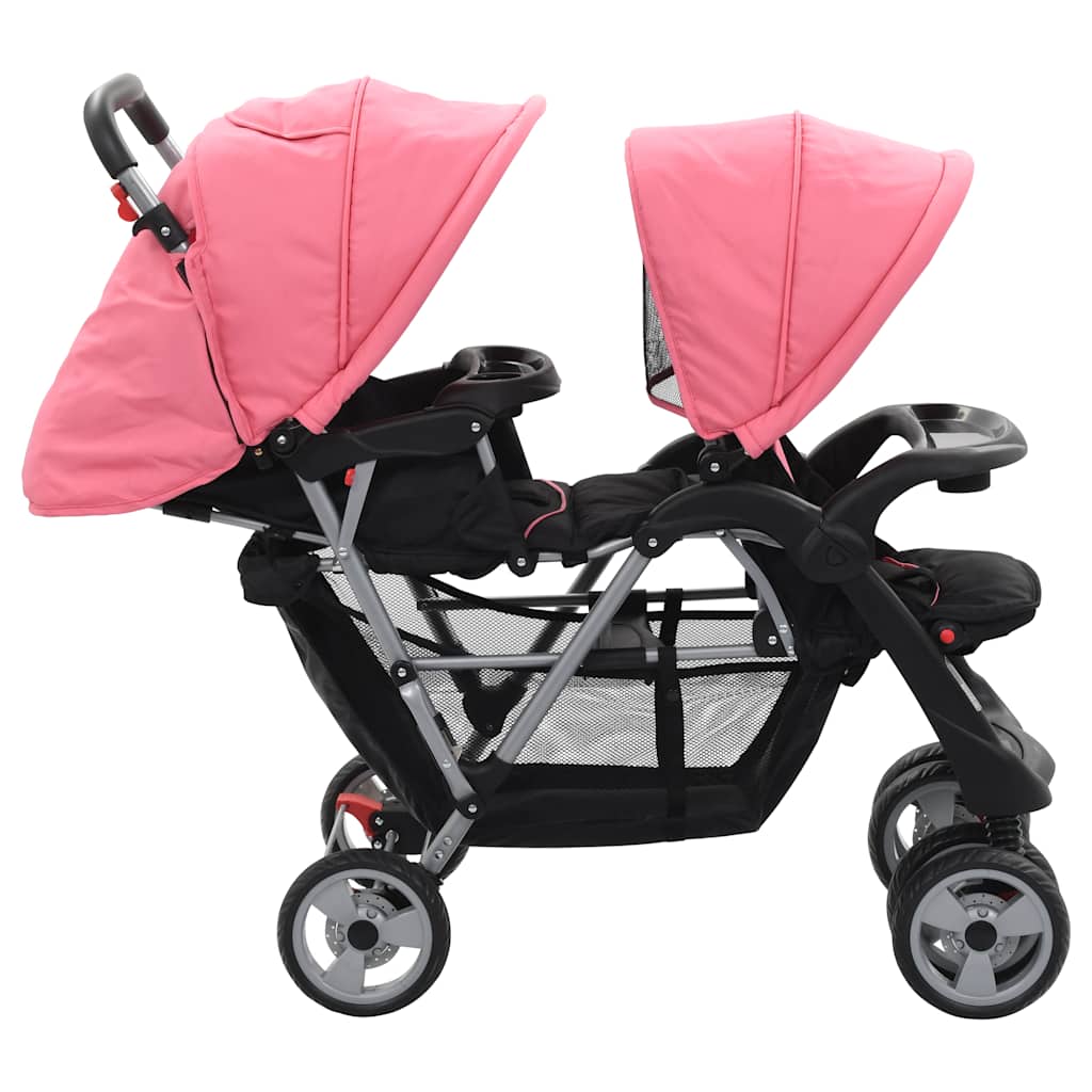 Tweepersoons Kinderwagen, Roos en Zwart Staal, Dubbele Kinderwagen