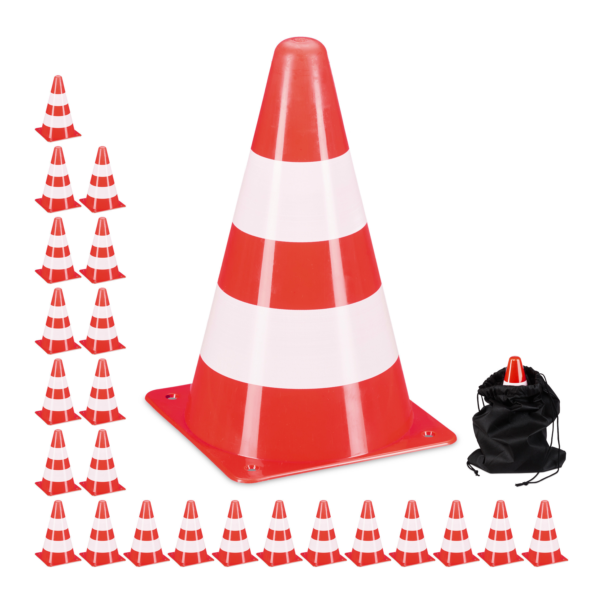 E-shop Relaxdays Pylonen 24er Set, Fußball, Hundetraining, Markierungskegel 23 cm hoch, Schnürbeutel, Verkehrshütchen, orange