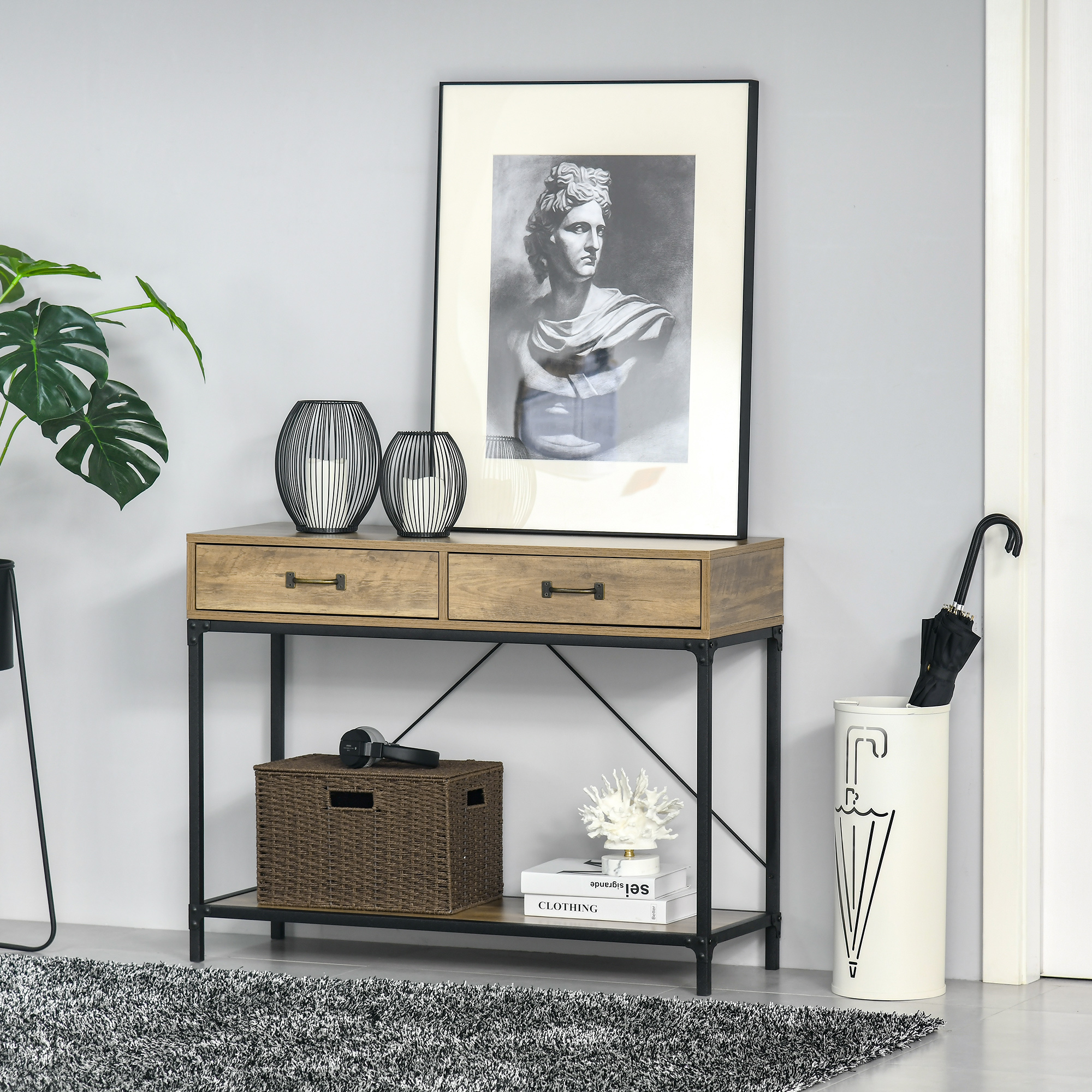 Console Table Entry Table Side Table 2 Drawers Lower Shelf Vintage Metal Chipboard Brown+ X 35 X 76.5 Cm, , Anti-tip Protection, Stable Construction, Lots Of Storage Space