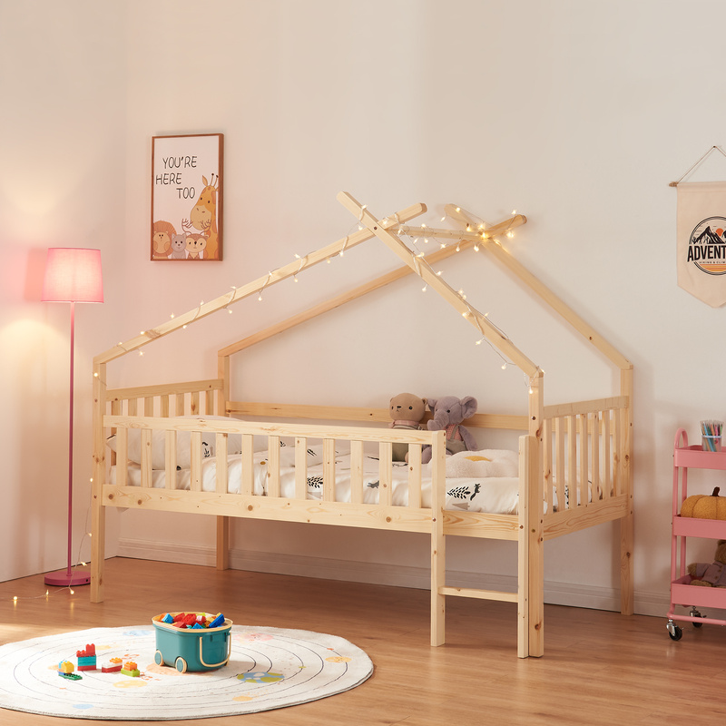 Sotkamo House Bed 90x200cm With Drop-down Guard, Pine Wood