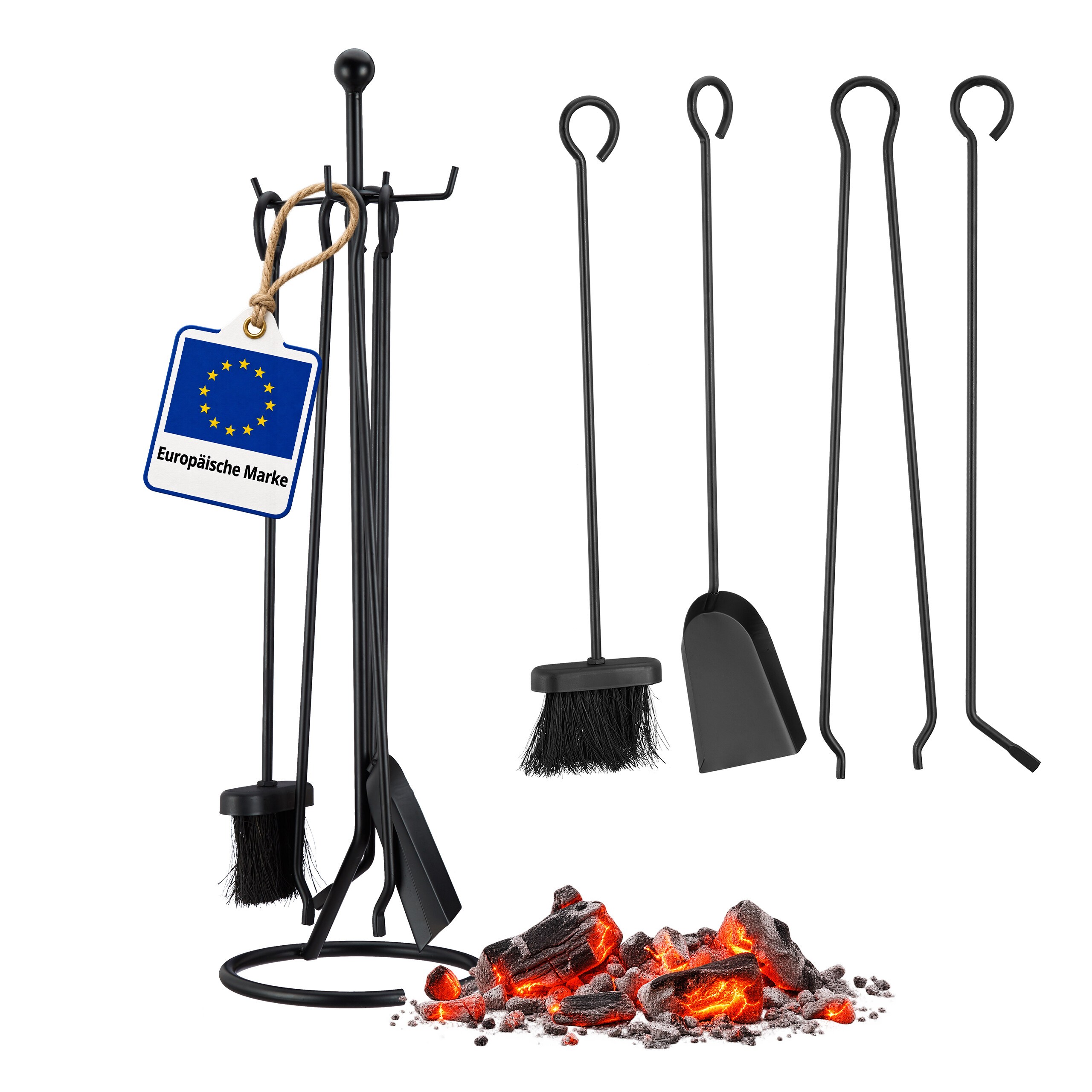 TEMU 5-piece Fireplace Tool Set With Stand, Steel, Black, Antique Style, . 68 X 20 X 20 Cm, Scoop . 55 Cm, Dustpan . 53 Cm, Poker And Tongs . 55 Cm,