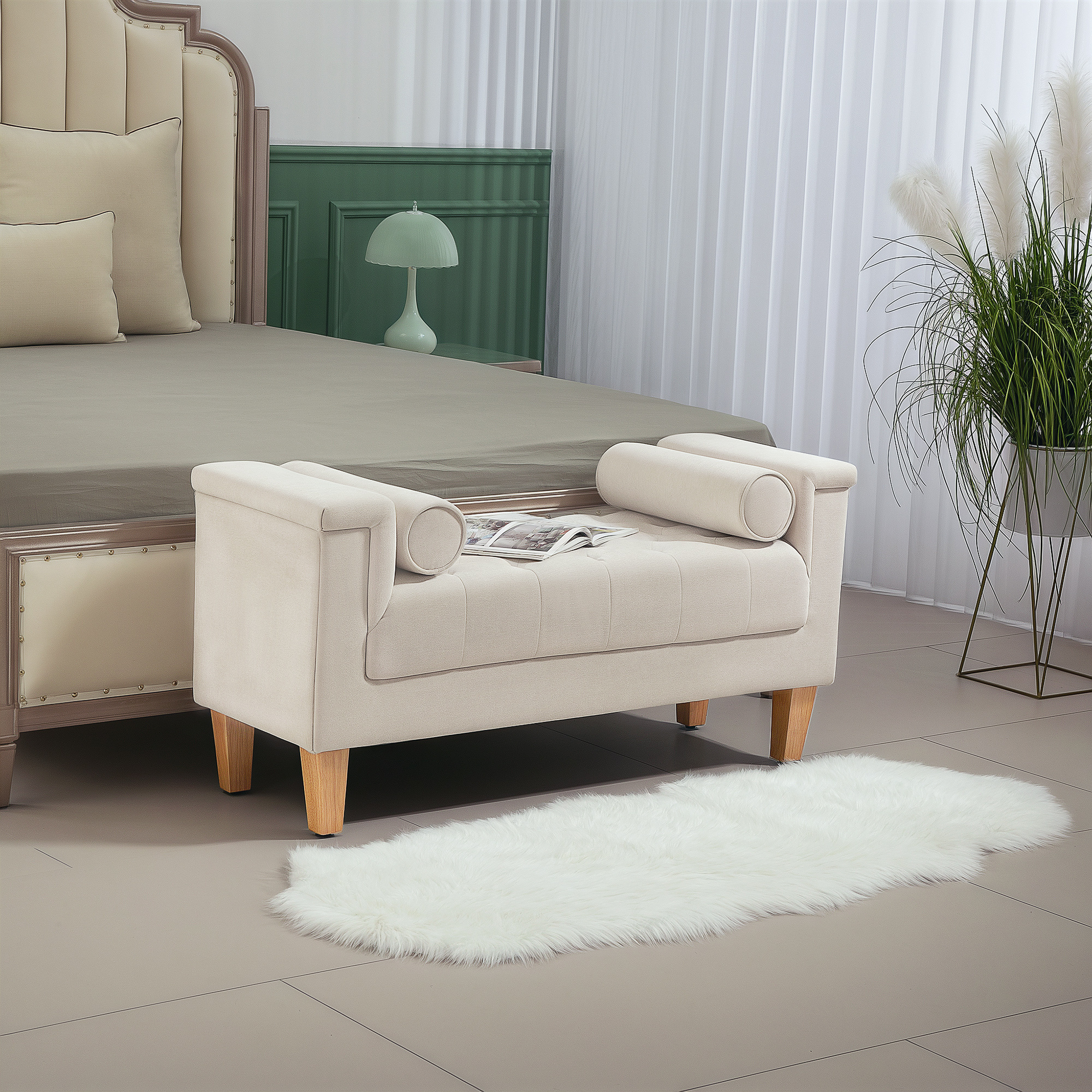 Image of Chenille Upholstered Bench, Armchair Bench With 2 Cylinder Pillows, Wooden Frame, Shoe Bench For Bedroom, Living Room, Hallway 115 X 44 X 58 Cm Beige
