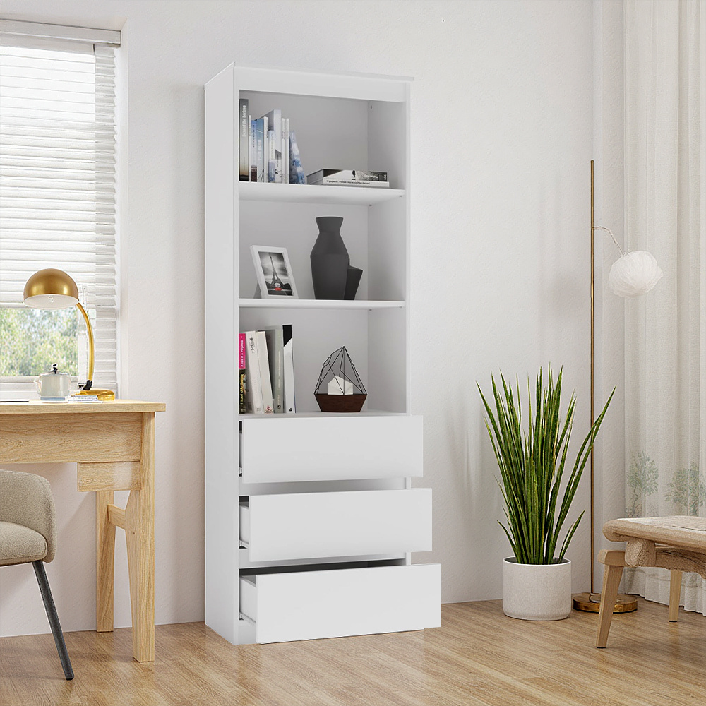 180cm Tall Wooden Bookcase with 3 Drawers