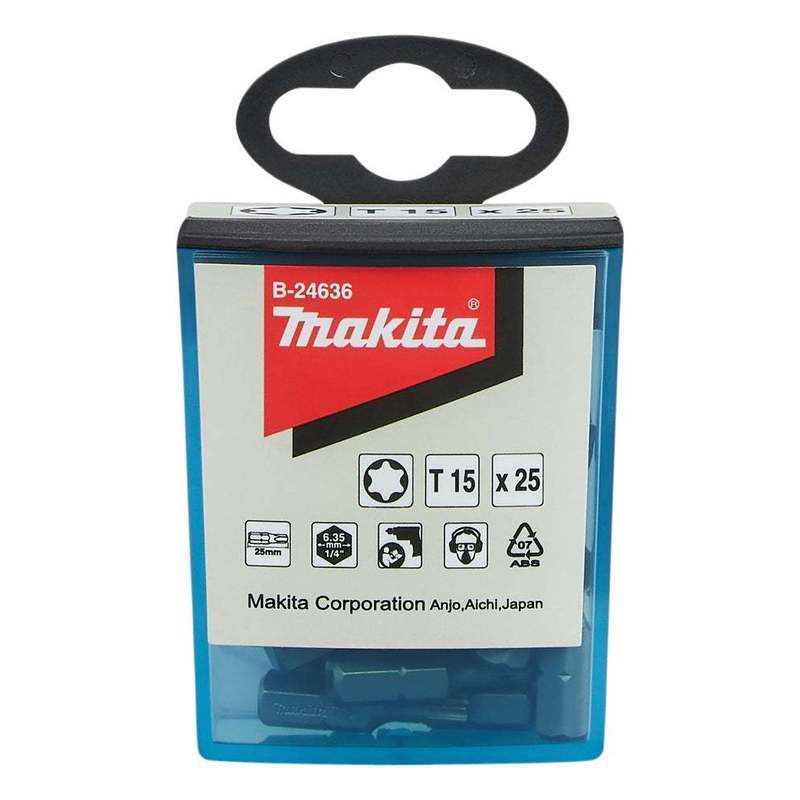 Makita B-24636 Torx Bit T15 Set, 25-piece, 25 Mm – Professional Screwdriver Bits, 1/4" Hex, S2 Steel