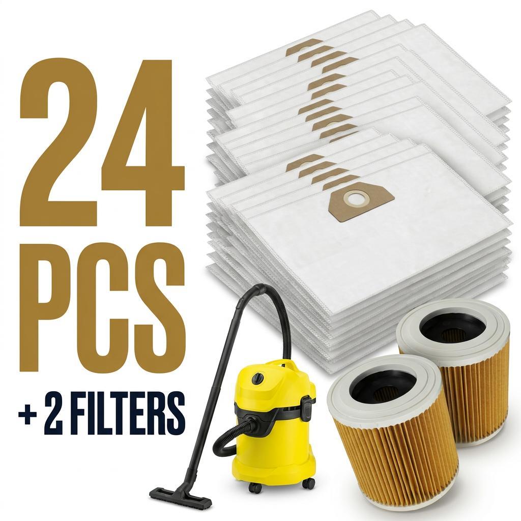 TEMU Lot de 12/24 sacs sous vide + jeu de filtre à cartouche pour aspirateur sec et humide, sacs à poussière multicouches en non tissée avec col