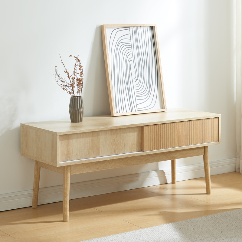 Tv Stand Landskrona 115x40x48 Cm With 2 Sliding Doors, Oak Finish