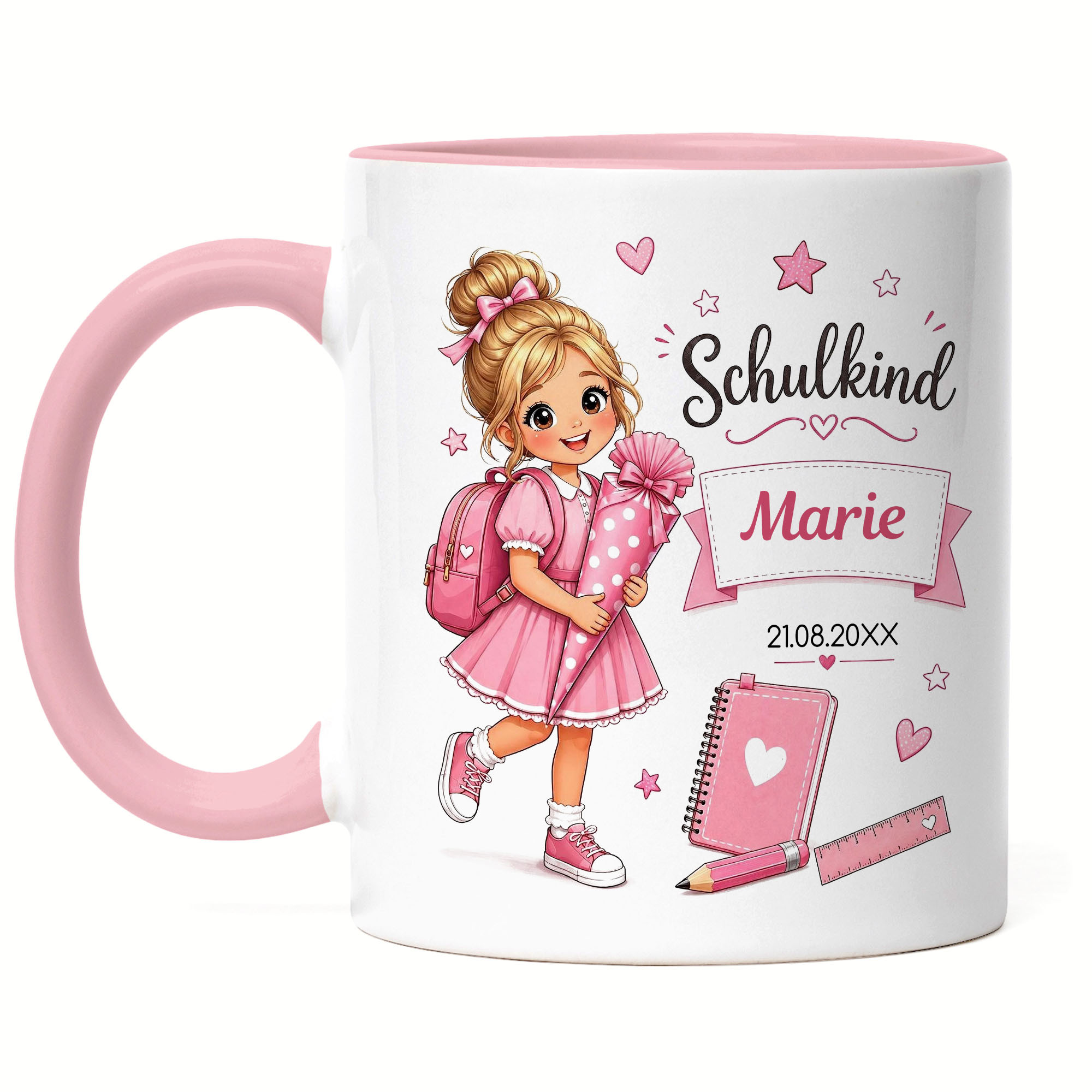 Personalized School Child Mug For Girls With Name And Date, First Day Of School Gift For Beginners, School Bag Design, Coffee Mug - White Mug
