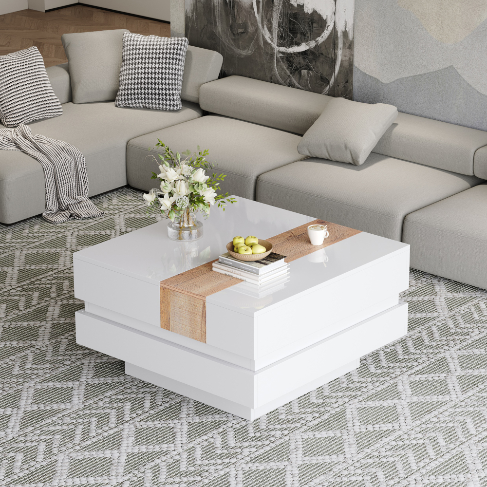 70*70*39cm, Modern White High-gloss Coffee Table With Extendable Design, 2 Subdivided Storage Compartments, Chipboard, 30kg Load Capacity, Practical And Decorative For Living Room.
