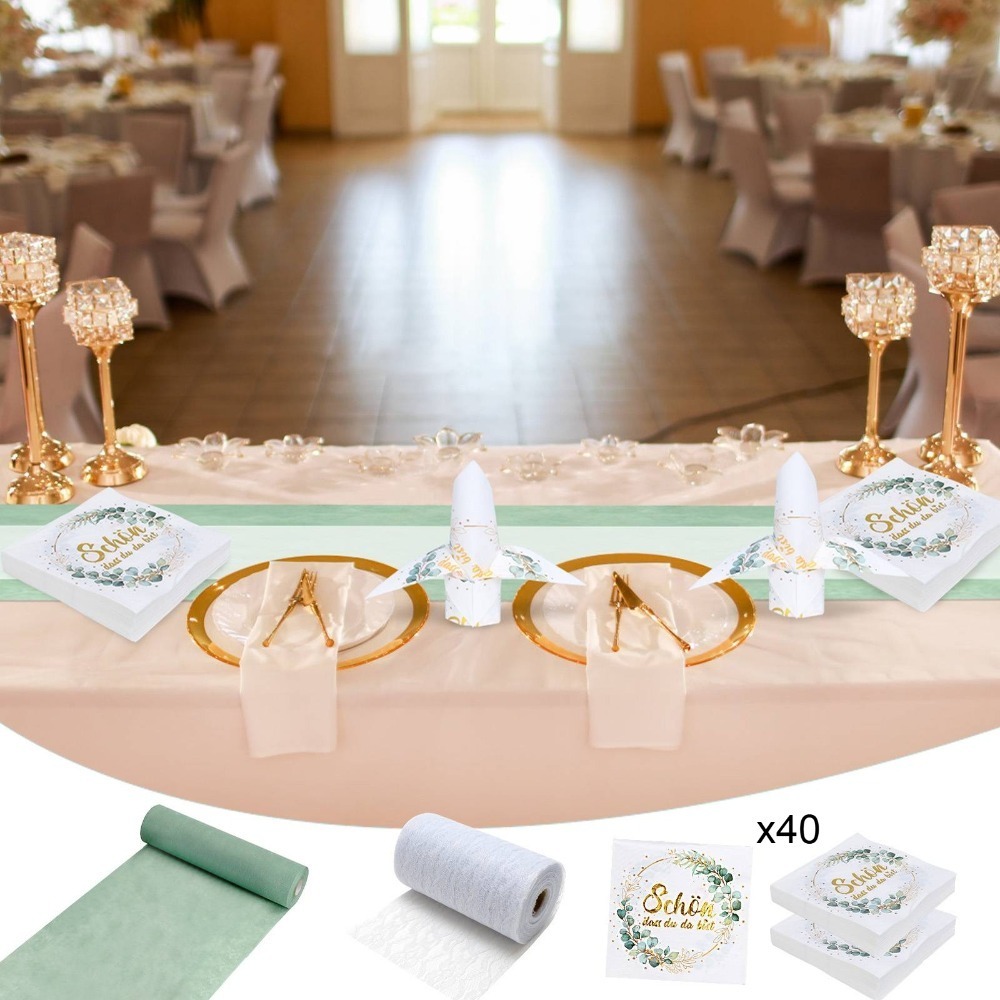 E-shop Party-Dekorationsset, festliche Partydekorationen – 40 Servietten mit grünem Blattmuster + weißer Tischläufer aus Spitze (15 cm x 22 m) + grüne