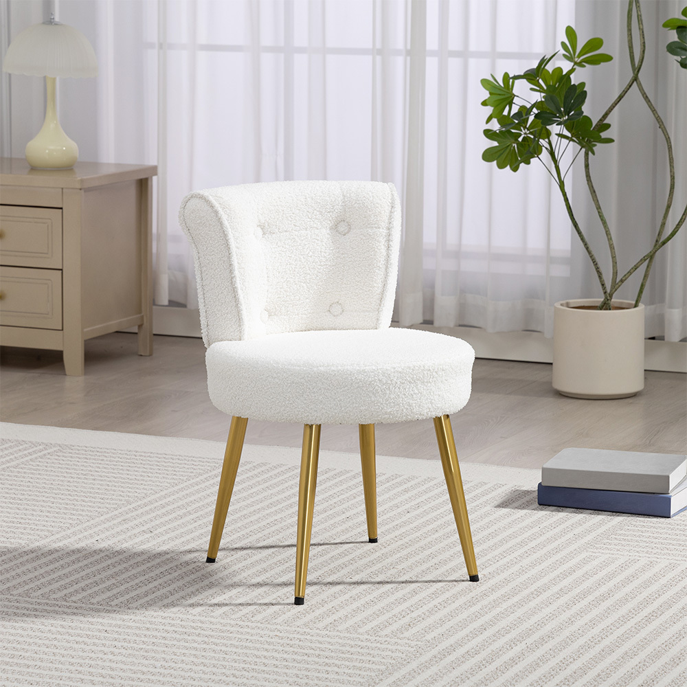 TEMU Vanity Chair White Teddy Velvet Dressing Table Stool Buttons Tufted Back Accent Chairs Upholstered Seat Single Sofa For Small Spaces, Living