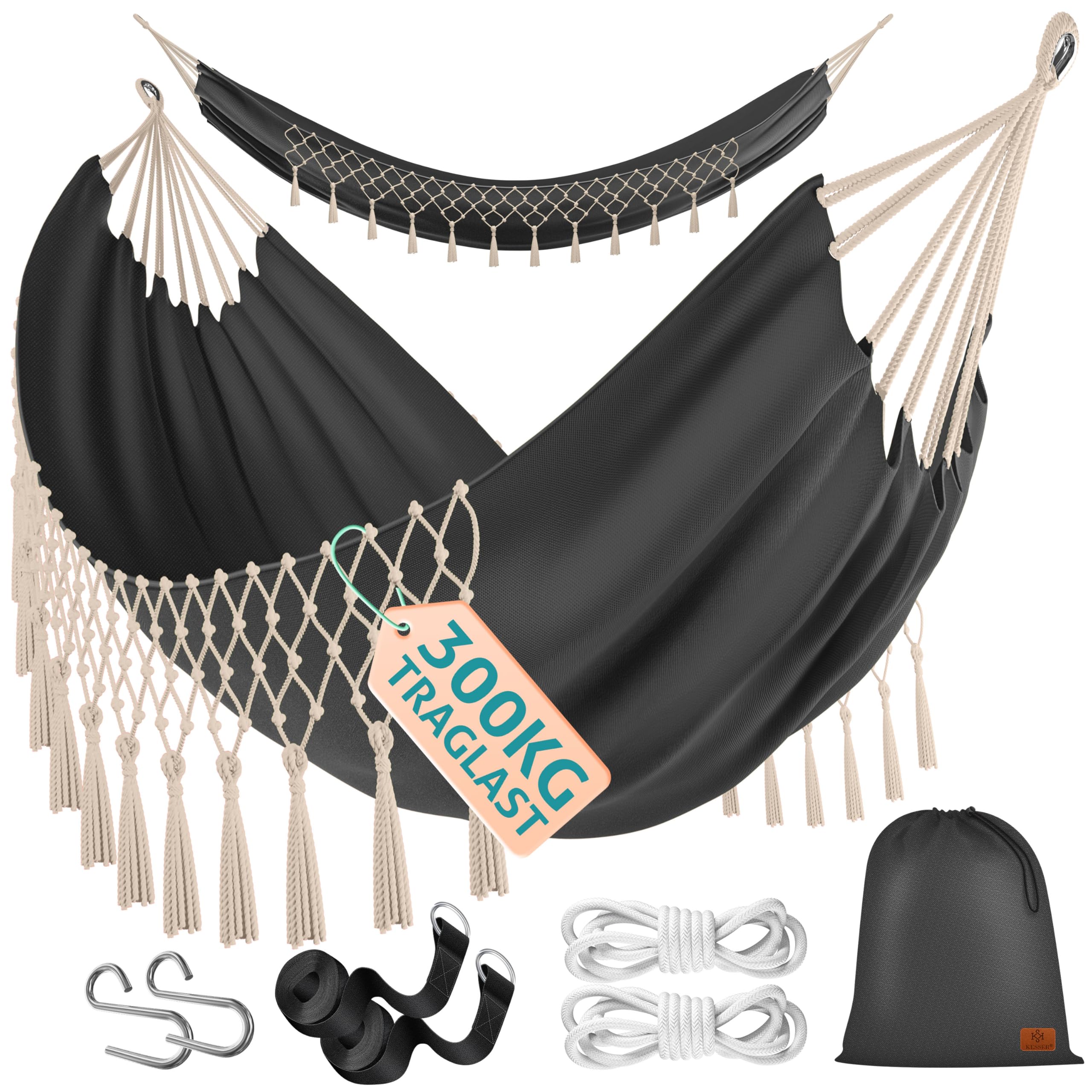 Image of Kesser® Hammock 320x150 Cm Loadable Up To 300 Kg, Weather-resistant & Breathable Fabric Hammock With Fringes For 1-2 People – Ideal For Camping, Garden & Outdoor, . Bag, Ropes & Straps, Grey.