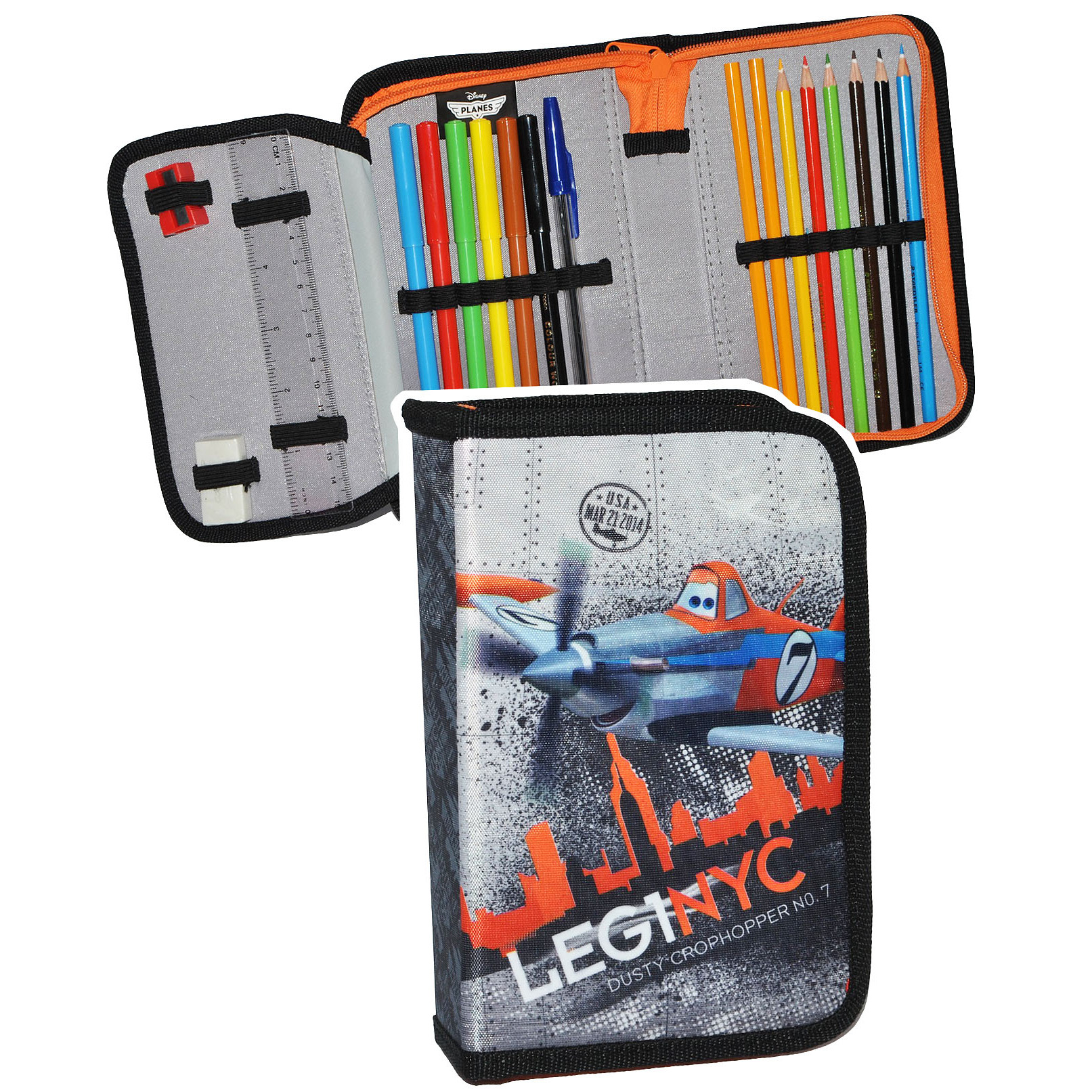 Image of 18-piece Pencil Case Set - "dusty Airplane" Design - Includes Pens, Ruler, And Pencil Case - School Pouch For Kids, Kindergarten, And School Use