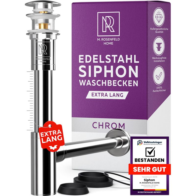 Siphon Washbasin Set With Overflow - Drain Fitting Pop Up With Odor Trap, Extra Long Adjustable Tube Siphon Including Seals, Modern Bathroom Accessories - M. Rosenfeld Home