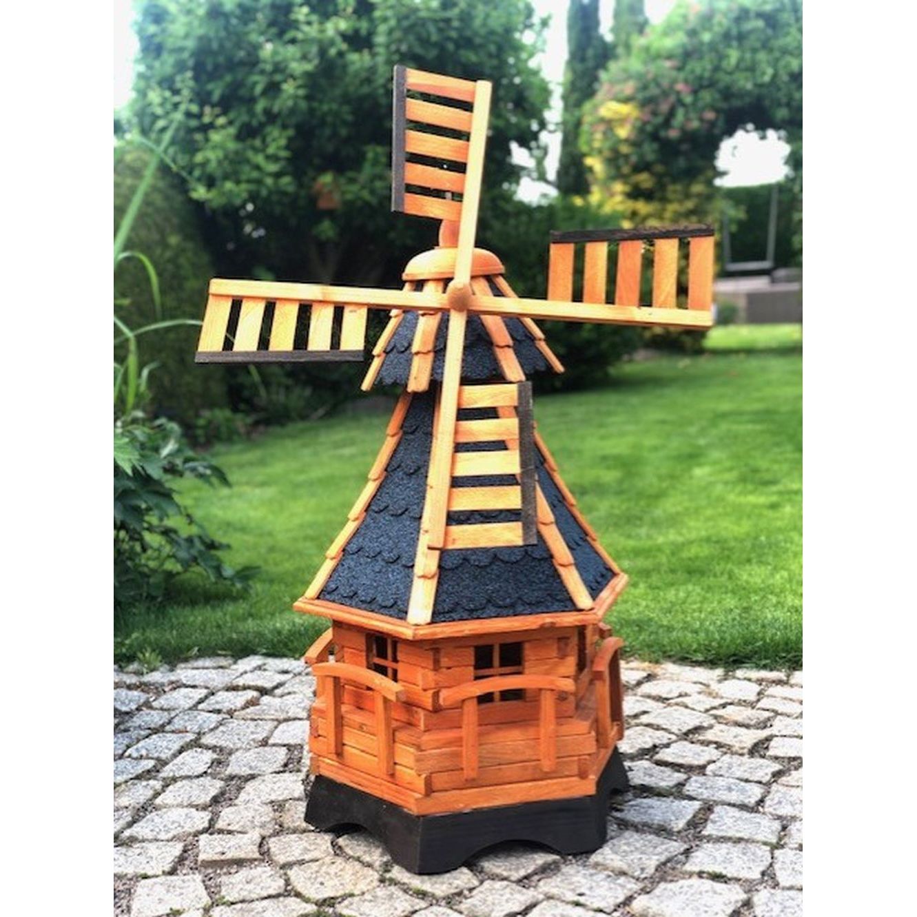 Hexagonal Garden Windmill Made Of Wood With Ball Bearings, Brown/blue, Height 95 Cm