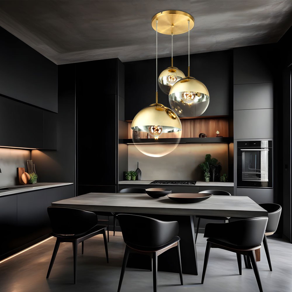 Image of Suspension Lamp Pendant Light Glass 3-flame Golden-colored Glass Ball Pendant Light Glass Ball Dining Table Lamp, Metal, 3x E27 Sockets, Dxh 51x120 Cm