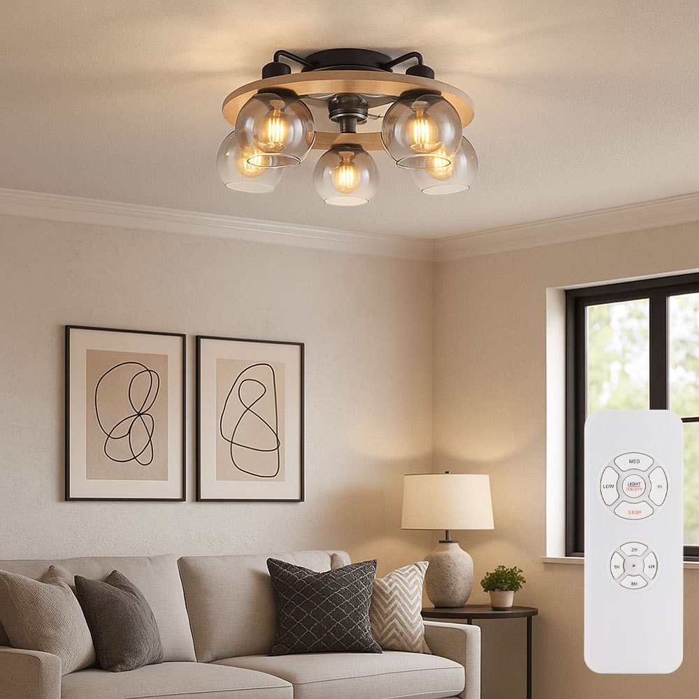 Image of Led Ceiling Fan With Remote Control Ceiling Light Wood Fan Lamp Smoked Glass, Metal Glass, 5x 6.5w 806lumen Warm White, Dxh 55x21.5 Cm
