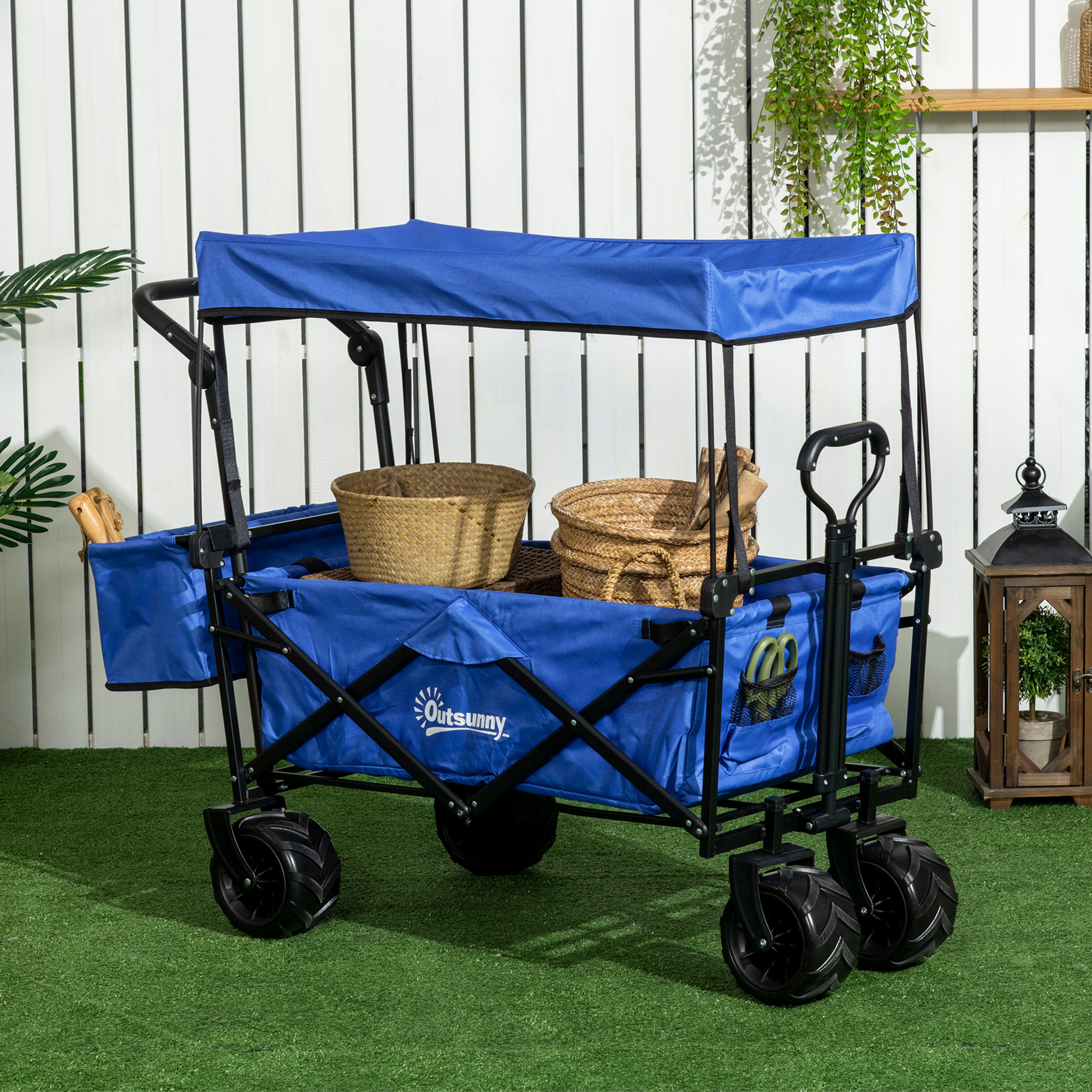TEMU Carro de Plegable de Playa Jardín Camping Viaje con Toldo y Manillar Ruedas Regulable de 117x55x98 cm Color Azul Carga Máx. 68 kg