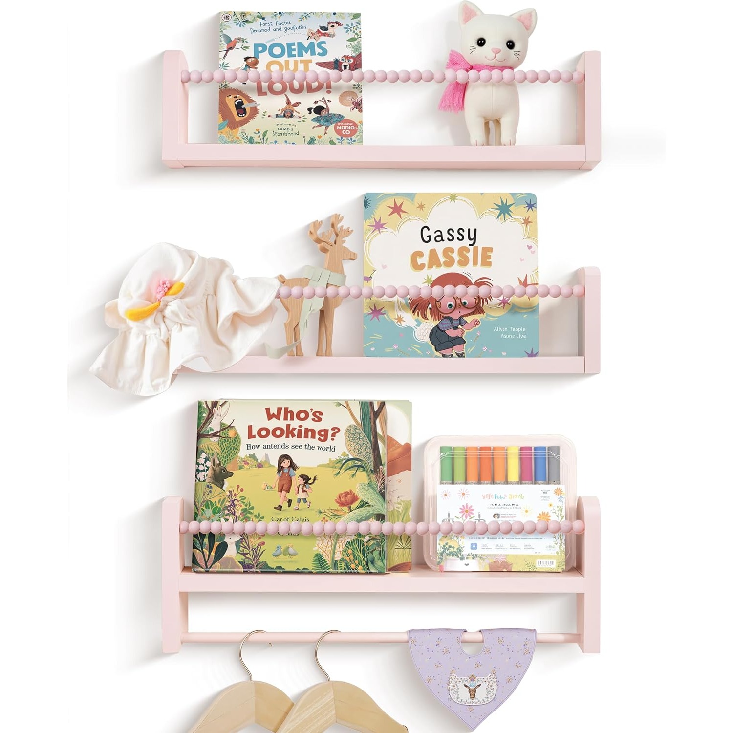 TEMU 40cm Set Of 3 Shelves Floating Book Shelf For Wall, Shelves For Bedroom Bookshelf Decor, Solid Wood Small Organizer With Wooden Bead Design