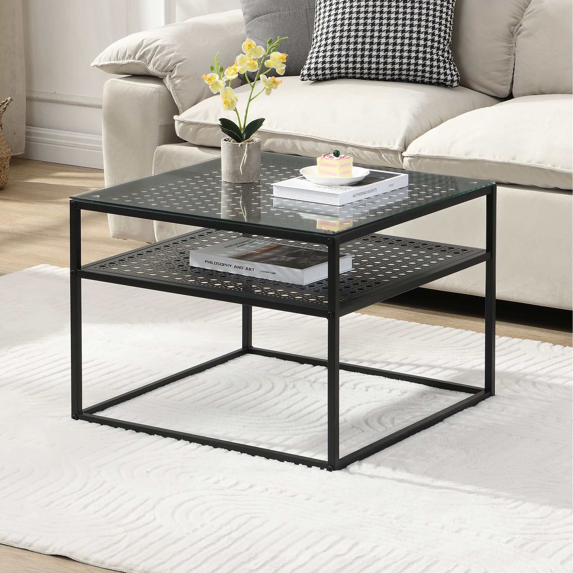 Glass Metal Coffee Table 60x60x45 Cm, Square Modern Living Room Table With Shelf, Side Table Sofa Table Small Glass Table
