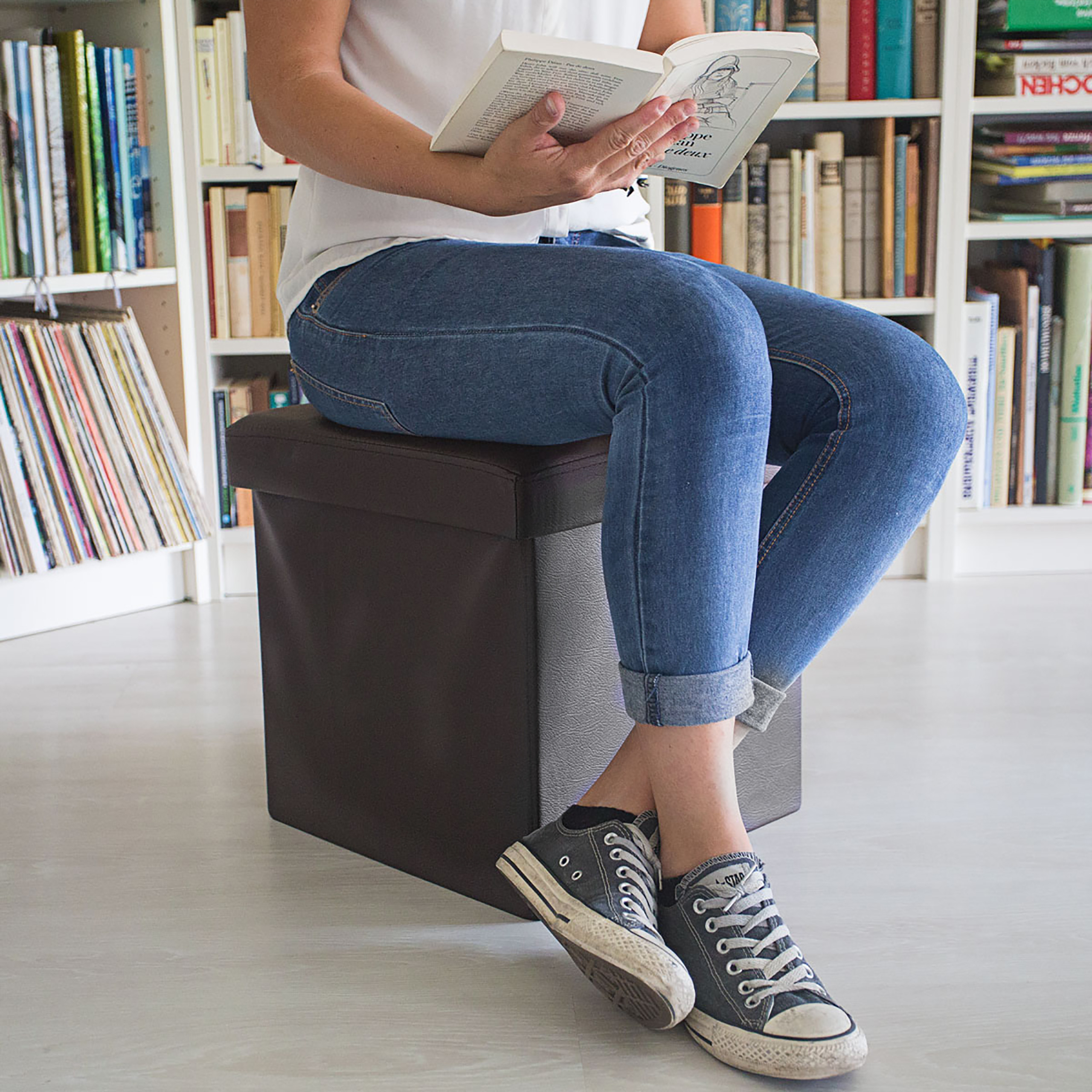 Image of Ottoman, Foldable, Artificial Leather, Brown, 38 X 38 X 38 Cm, Padded Seat Surface, Removable Lid, Plate, For Living Room, Bedroom, Hallway And , Cube Stool, Footrest, Storage Chest, Relaxdays.