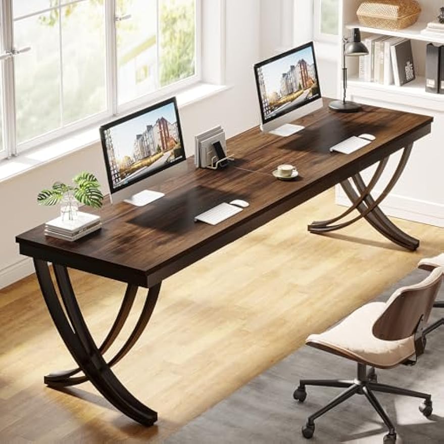 Vintage Computer Desk, 200 X 70 X 75 Cm, Double Long Desk, Pc Table, Office Table, Work Table, Dining Table, Office Furniture, Computer Desk For Home Office, Brown