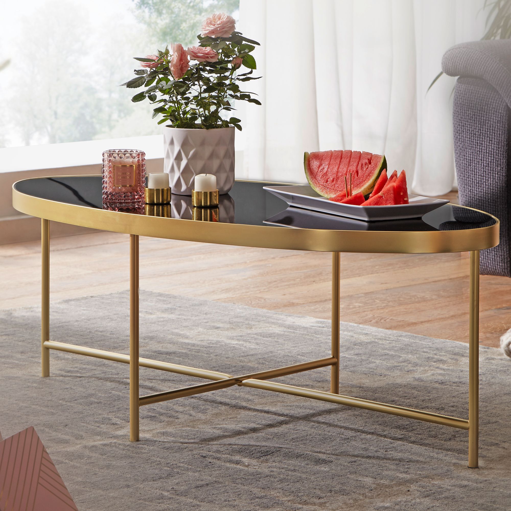 Image of Oval Glass Coffee Table In Black With Gold Metal Frame, 110 X 56 Cm, Large Living Room Table, Lounge Glass Table