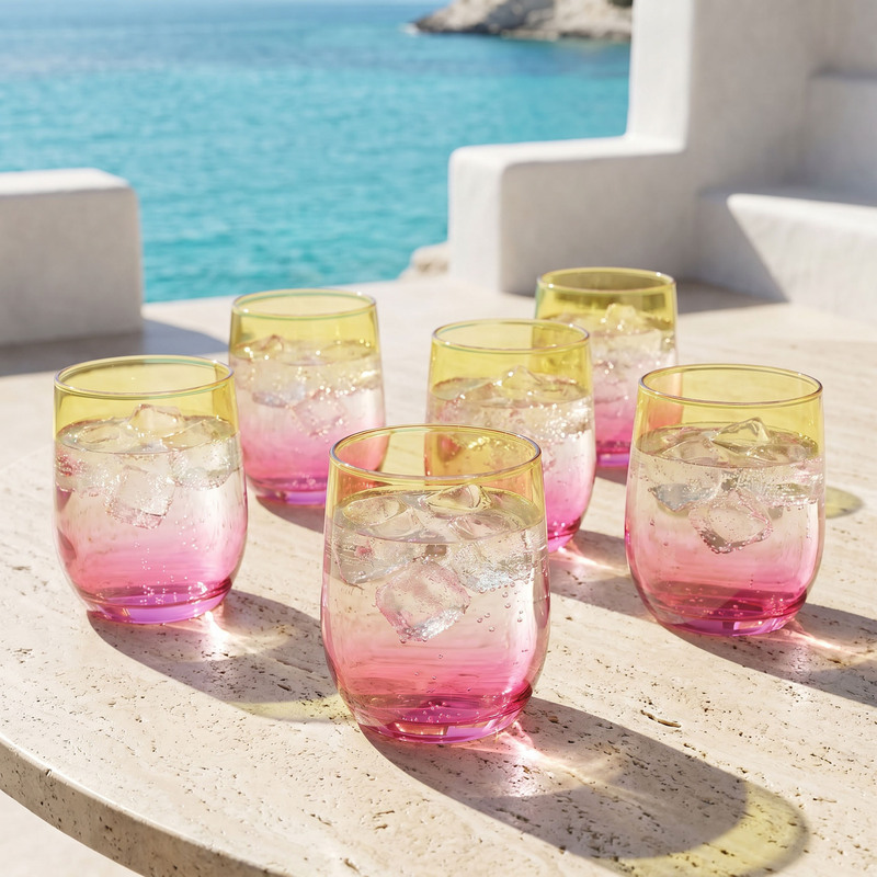 Image of Set Of 6 Modern Ombre Glass Drinkware 280ml, Premium Colored Glass For Water, Juice, And Cocktails, Gradient Yellow-pink Glasses, Durable Low Glasses For Kitchen And Dining Room, Perfect For